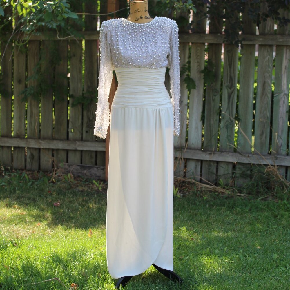 Vtg 70s 80s Lillie Rubin Victoria Royal Ltd Cream Chiffon Beaded Gown Women's S